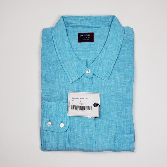 UNTUCKit Blush-Aqua Button-Up Shirt Women Size 12 Aqua Blue Linen LS Regular Fit - Picture 7 of 15